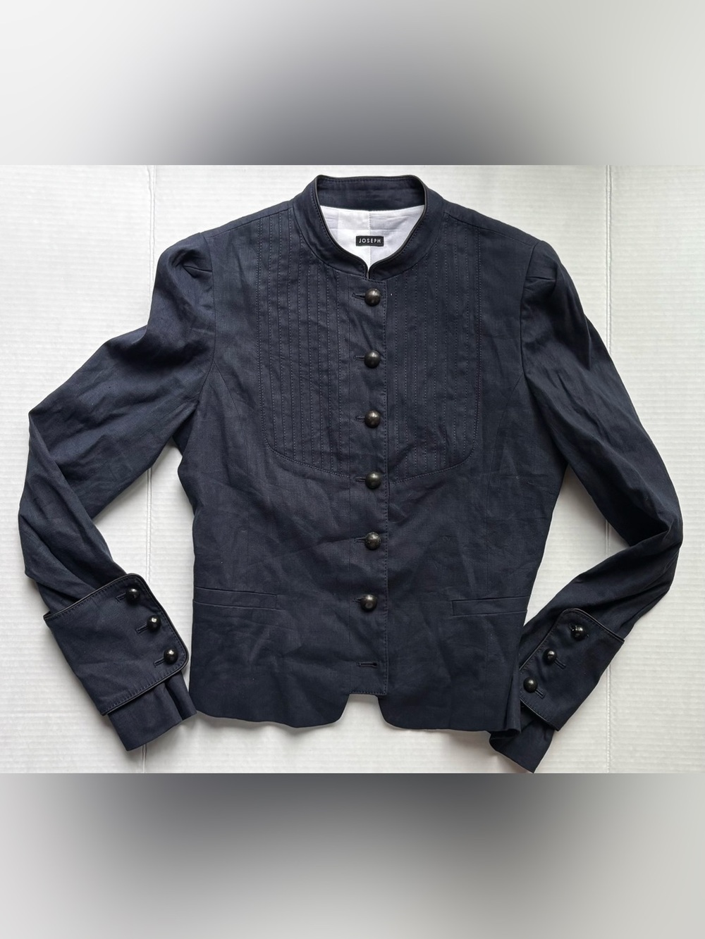 Joseph Women's Navy Button-Front military Jacket linen puff sleeves mandarin